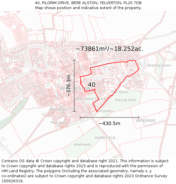 40, PILGRIM DRIVE, BERE ALSTON, YELVERTON, PL20 7DB: Plot and title map