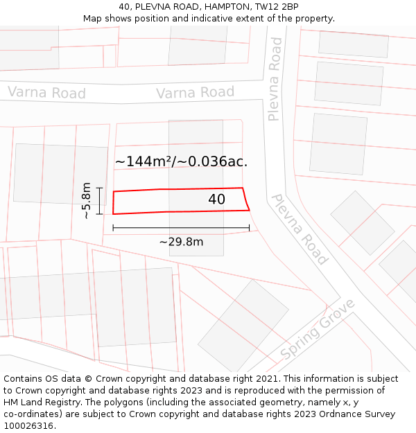 40, PLEVNA ROAD, HAMPTON, TW12 2BP: Plot and title map