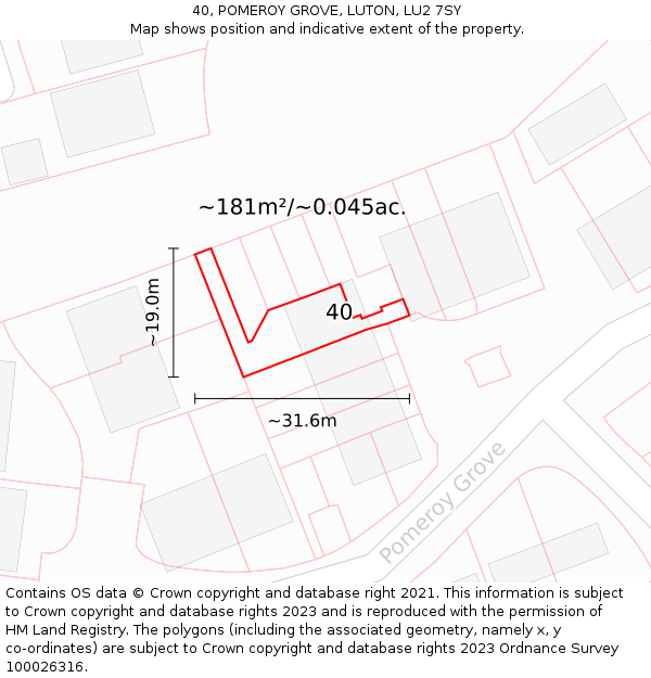 40, POMEROY GROVE, LUTON, LU2 7SY: Plot and title map