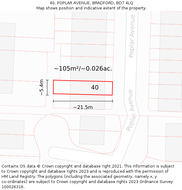 40, POPLAR AVENUE, BRADFORD, BD7 4LQ: Plot and title map