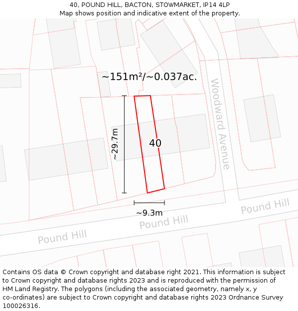 40, POUND HILL, BACTON, STOWMARKET, IP14 4LP: Plot and title map