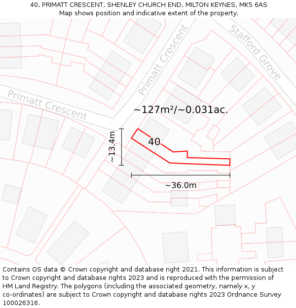 40, PRIMATT CRESCENT, SHENLEY CHURCH END, MILTON KEYNES, MK5 6AS: Plot and title map
