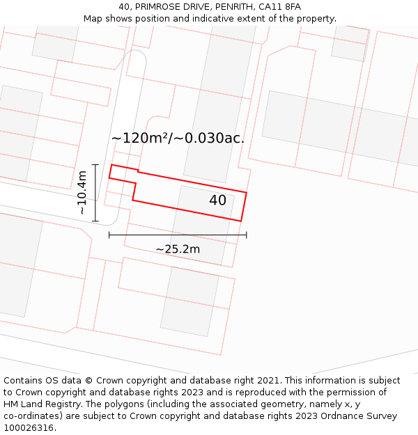 40, PRIMROSE DRIVE, PENRITH, CA11 8FA: Plot and title map