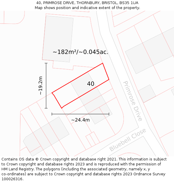 40, PRIMROSE DRIVE, THORNBURY, BRISTOL, BS35 1UA: Plot and title map