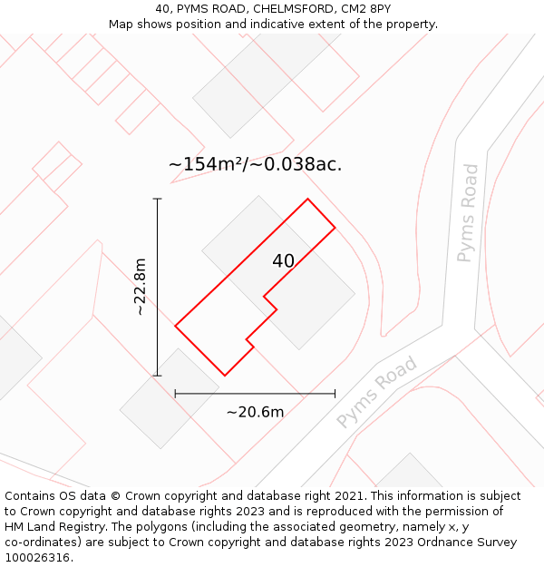 40, PYMS ROAD, CHELMSFORD, CM2 8PY: Plot and title map