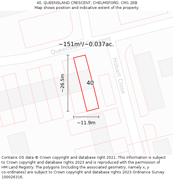40, QUEENSLAND CRESCENT, CHELMSFORD, CM1 2EB: Plot and title map