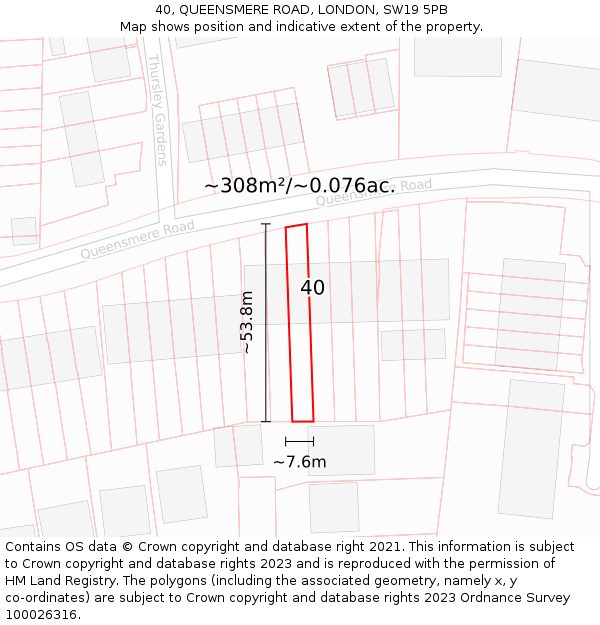 40, QUEENSMERE ROAD, LONDON, SW19 5PB: Plot and title map