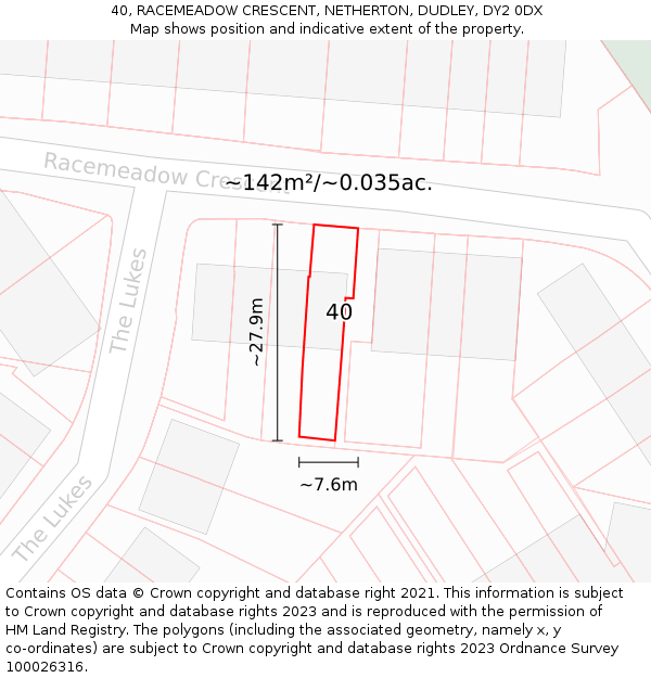 40, RACEMEADOW CRESCENT, NETHERTON, DUDLEY, DY2 0DX: Plot and title map