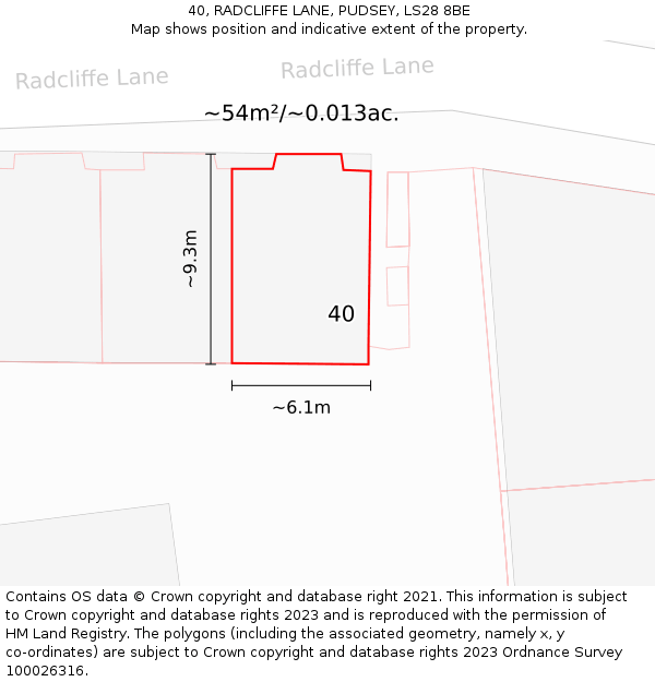 40, RADCLIFFE LANE, PUDSEY, LS28 8BE: Plot and title map