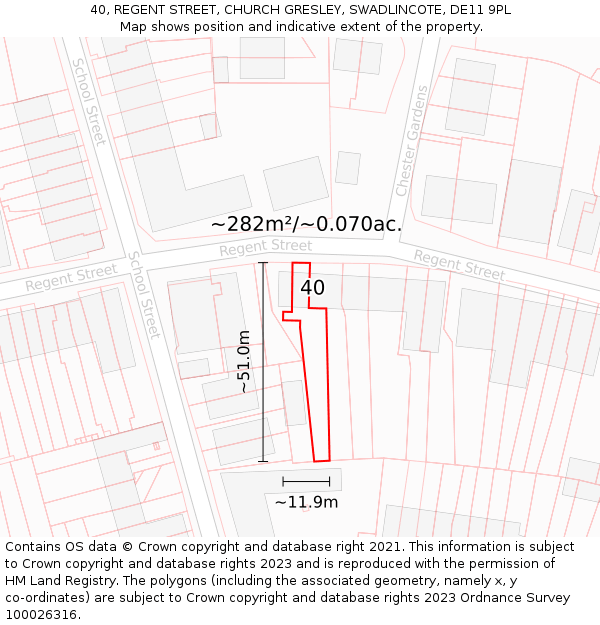 40, REGENT STREET, CHURCH GRESLEY, SWADLINCOTE, DE11 9PL: Plot and title map