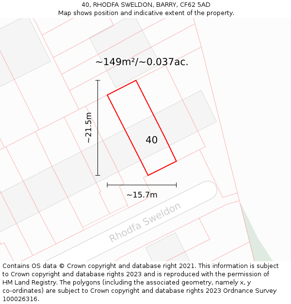 40, RHODFA SWELDON, BARRY, CF62 5AD: Plot and title map