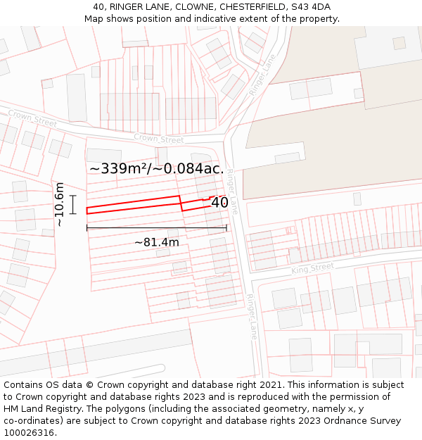 40, RINGER LANE, CLOWNE, CHESTERFIELD, S43 4DA: Plot and title map
