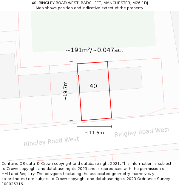 40, RINGLEY ROAD WEST, RADCLIFFE, MANCHESTER, M26 1DJ: Plot and title map