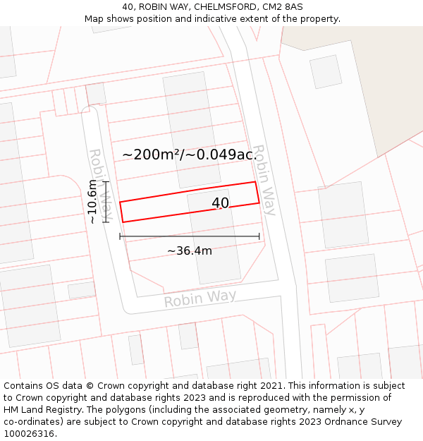 40, ROBIN WAY, CHELMSFORD, CM2 8AS: Plot and title map