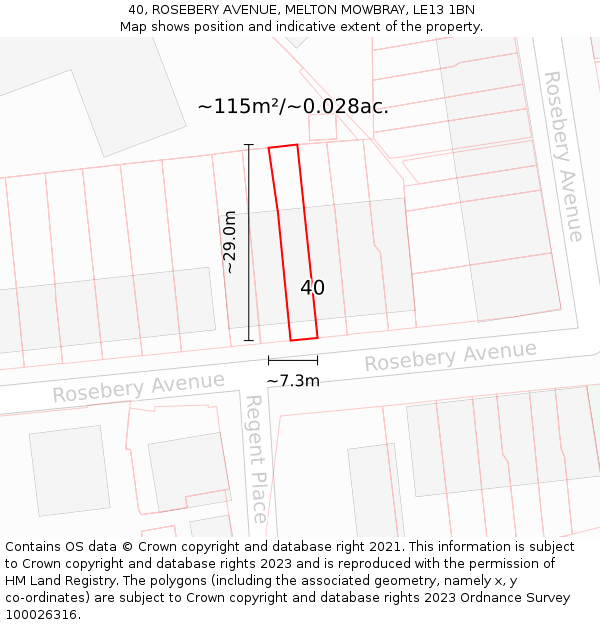 40, ROSEBERY AVENUE, MELTON MOWBRAY, LE13 1BN: Plot and title map