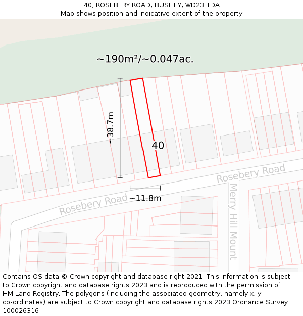 40, ROSEBERY ROAD, BUSHEY, WD23 1DA: Plot and title map