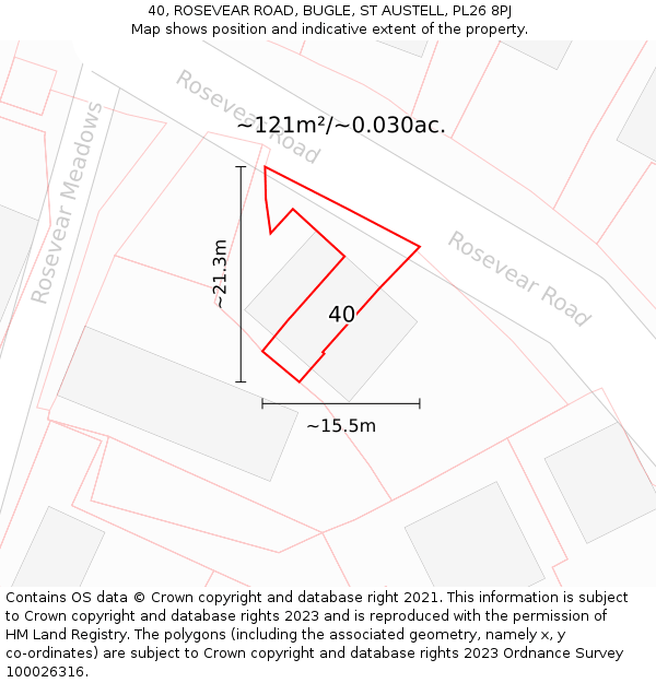 40, ROSEVEAR ROAD, BUGLE, ST AUSTELL, PL26 8PJ: Plot and title map