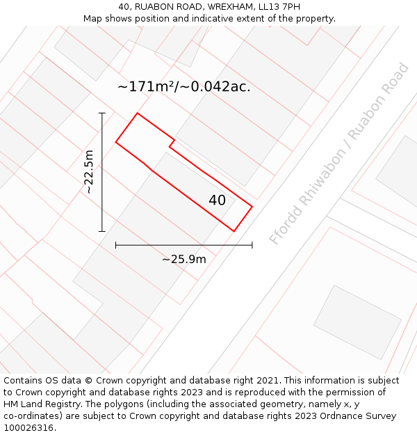 40, RUABON ROAD, WREXHAM, LL13 7PH: Plot and title map