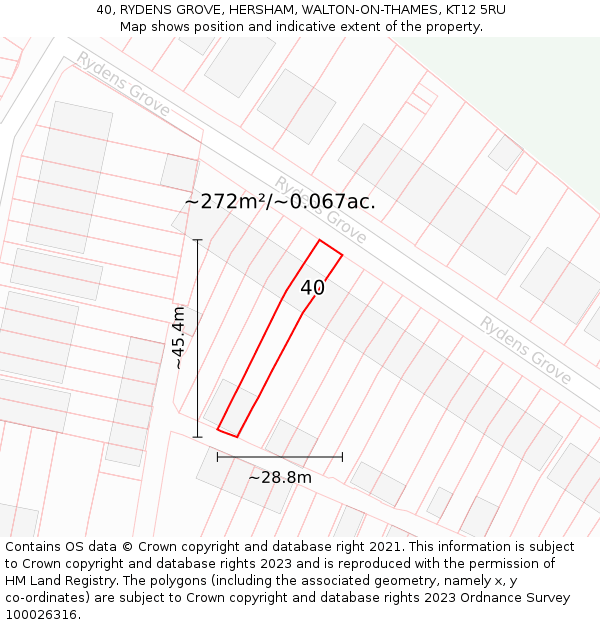 40, RYDENS GROVE, HERSHAM, WALTON-ON-THAMES, KT12 5RU: Plot and title map
