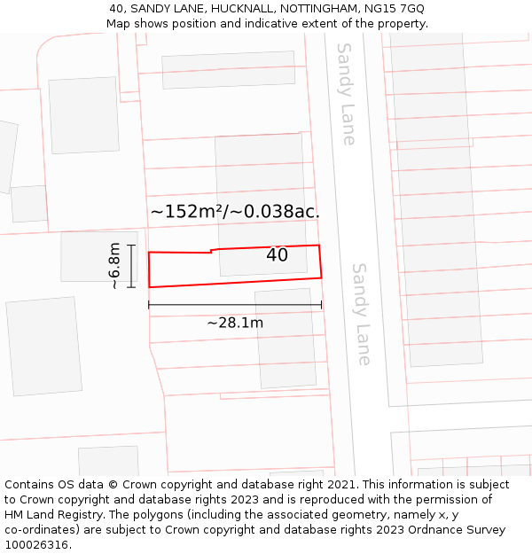40, SANDY LANE, HUCKNALL, NOTTINGHAM, NG15 7GQ: Plot and title map
