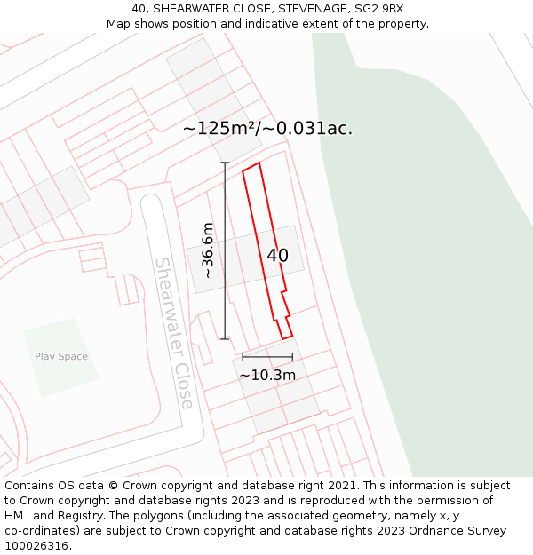 40, SHEARWATER CLOSE, STEVENAGE, SG2 9RX: Plot and title map