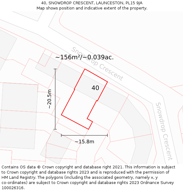 40, SNOWDROP CRESCENT, LAUNCESTON, PL15 9JA: Plot and title map