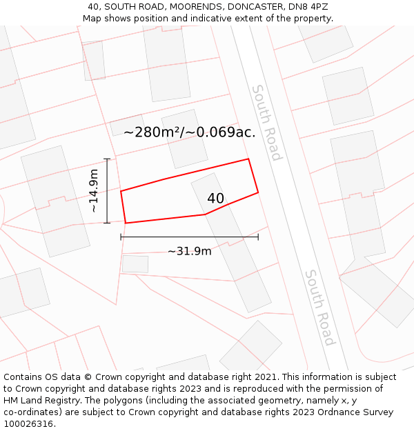 40, SOUTH ROAD, MOORENDS, DONCASTER, DN8 4PZ: Plot and title map