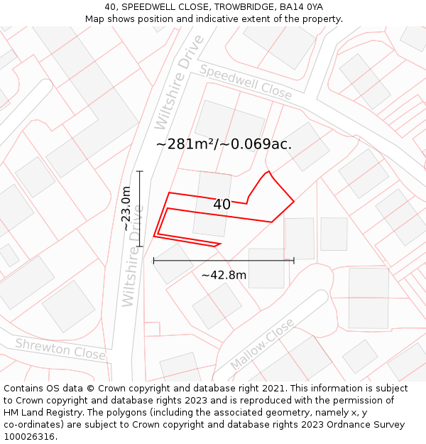 40, SPEEDWELL CLOSE, TROWBRIDGE, BA14 0YA: Plot and title map