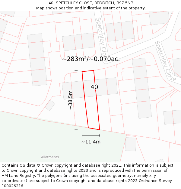 40, SPETCHLEY CLOSE, REDDITCH, B97 5NB: Plot and title map