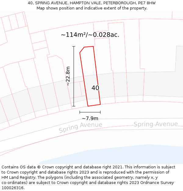 40, SPRING AVENUE, HAMPTON VALE, PETERBOROUGH, PE7 8HW: Plot and title map