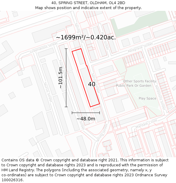40, SPRING STREET, OLDHAM, OL4 2BD: Plot and title map