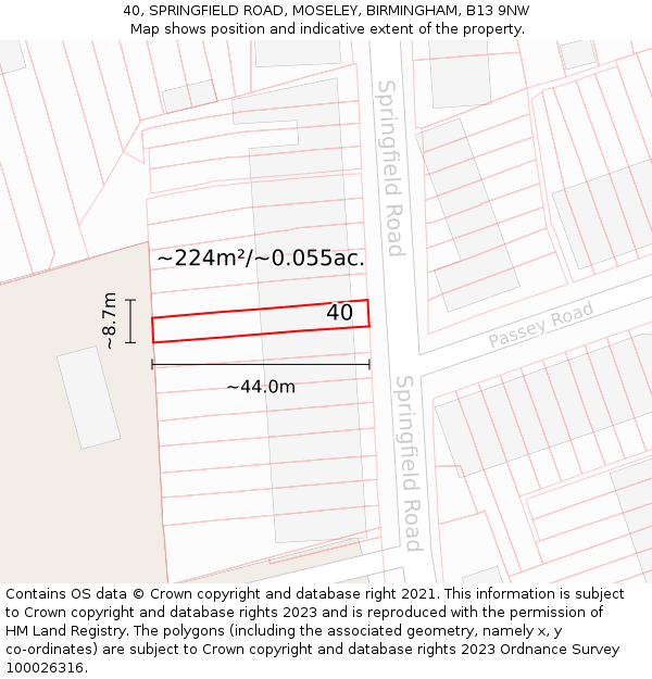 40, SPRINGFIELD ROAD, MOSELEY, BIRMINGHAM, B13 9NW: Plot and title map