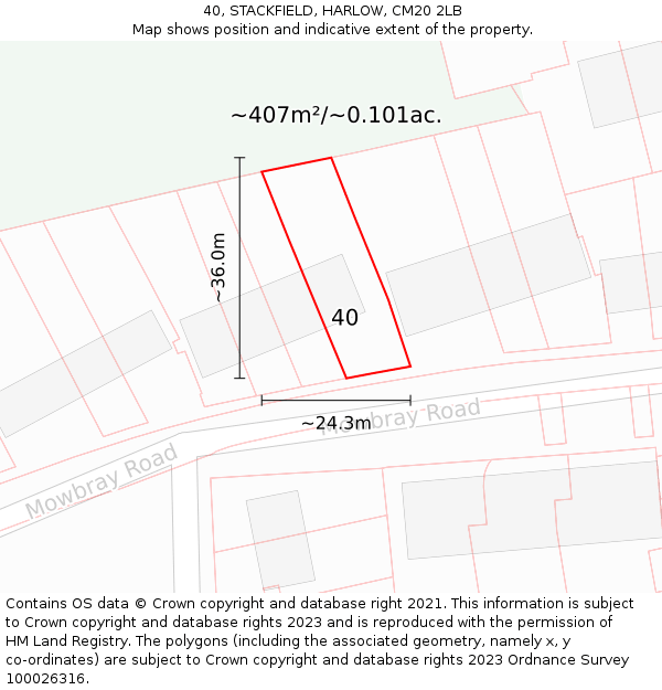 40, STACKFIELD, HARLOW, CM20 2LB: Plot and title map
