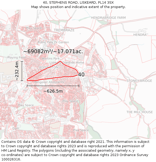 40, STEPHENS ROAD, LISKEARD, PL14 3SX: Plot and title map