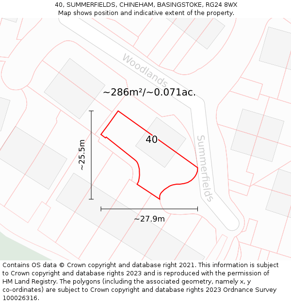 40, SUMMERFIELDS, CHINEHAM, BASINGSTOKE, RG24 8WX: Plot and title map