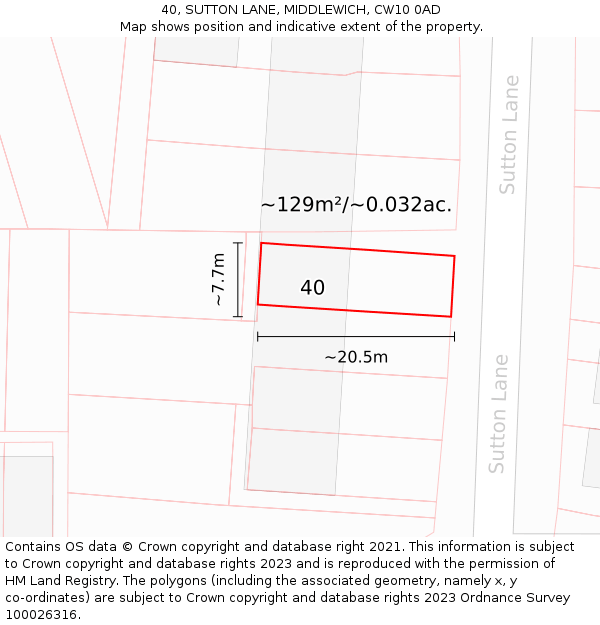 40, SUTTON LANE, MIDDLEWICH, CW10 0AD: Plot and title map