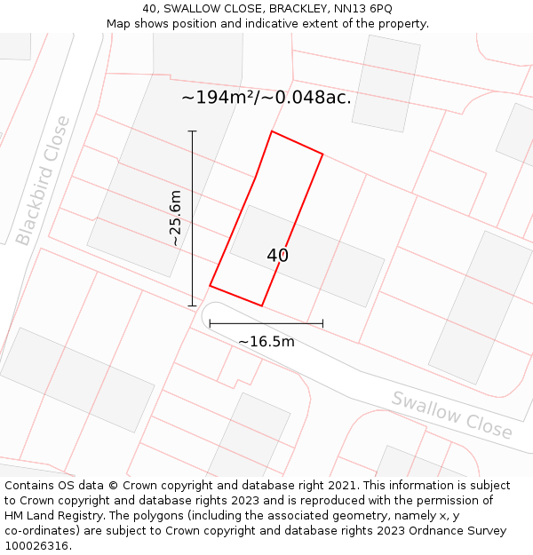 40, SWALLOW CLOSE, BRACKLEY, NN13 6PQ: Plot and title map