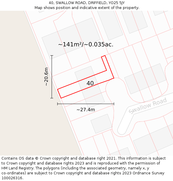 40, SWALLOW ROAD, DRIFFIELD, YO25 5JY: Plot and title map