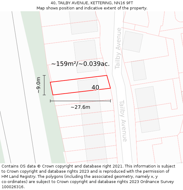 40, TAILBY AVENUE, KETTERING, NN16 9FT: Plot and title map