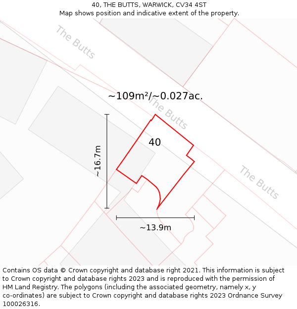 40, THE BUTTS, WARWICK, CV34 4ST: Plot and title map