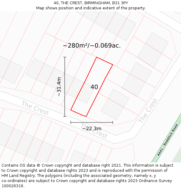 40, THE CREST, BIRMINGHAM, B31 3PY: Plot and title map