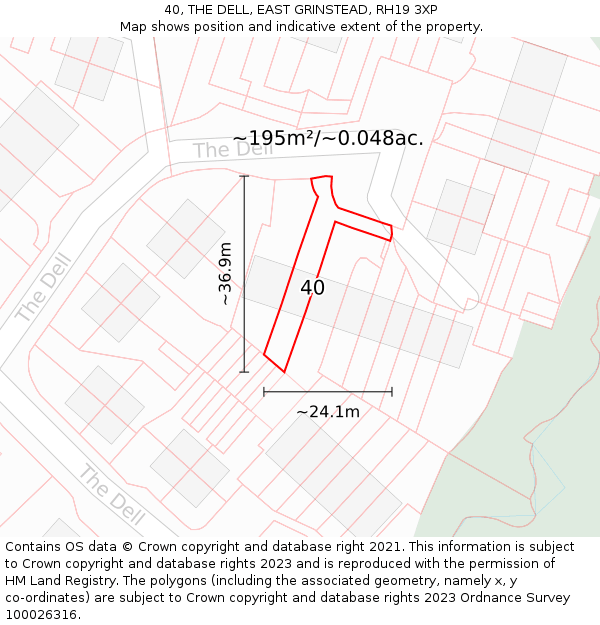 40, THE DELL, EAST GRINSTEAD, RH19 3XP: Plot and title map