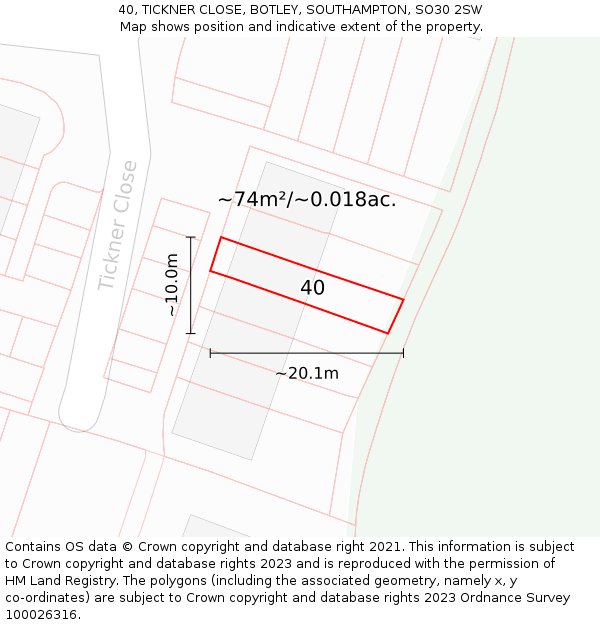 40, TICKNER CLOSE, BOTLEY, SOUTHAMPTON, SO30 2SW: Plot and title map