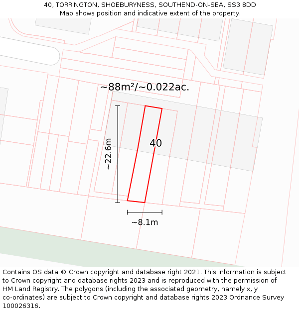 40, TORRINGTON, SHOEBURYNESS, SOUTHEND-ON-SEA, SS3 8DD: Plot and title map