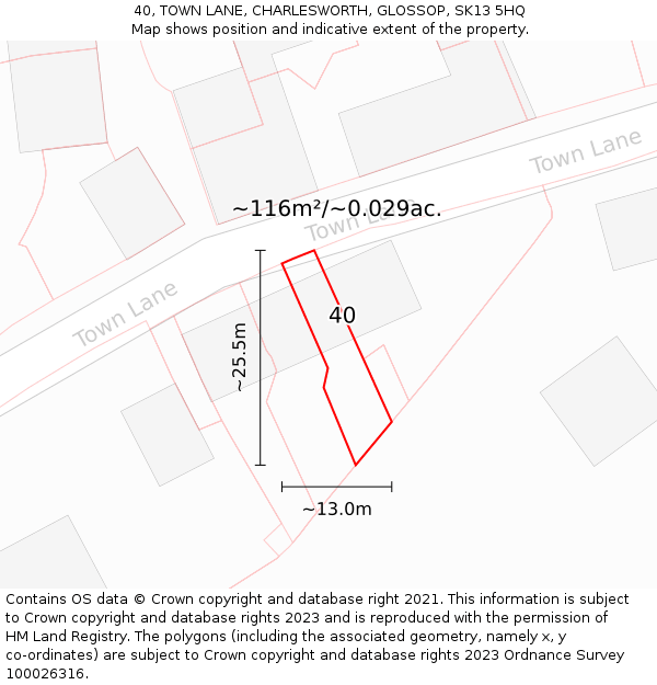 40, TOWN LANE, CHARLESWORTH, GLOSSOP, SK13 5HQ: Plot and title map
