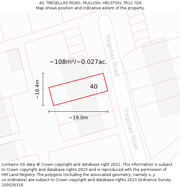 40, TREGELLAS ROAD, MULLION, HELSTON, TR12 7DX: Plot and title map