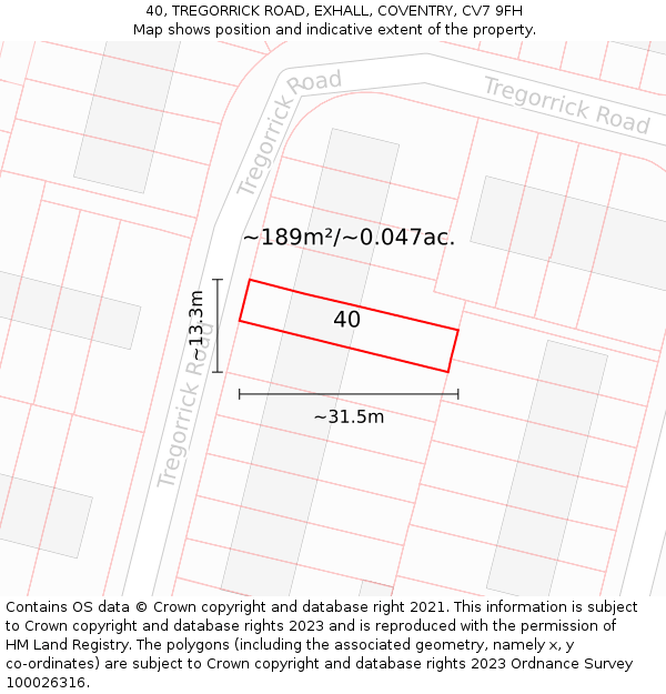 40, TREGORRICK ROAD, EXHALL, COVENTRY, CV7 9FH: Plot and title map