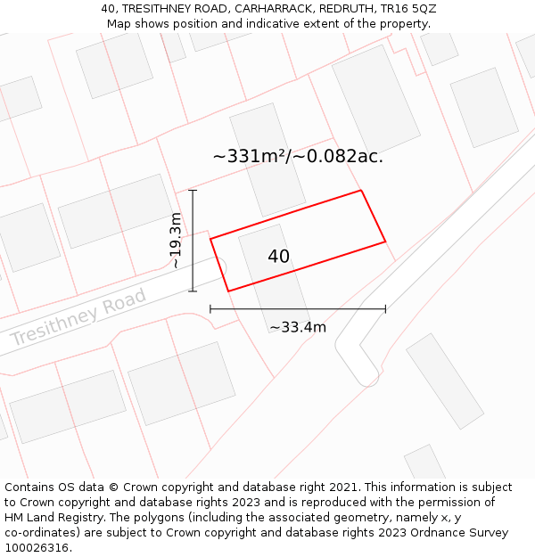 40, TRESITHNEY ROAD, CARHARRACK, REDRUTH, TR16 5QZ: Plot and title map
