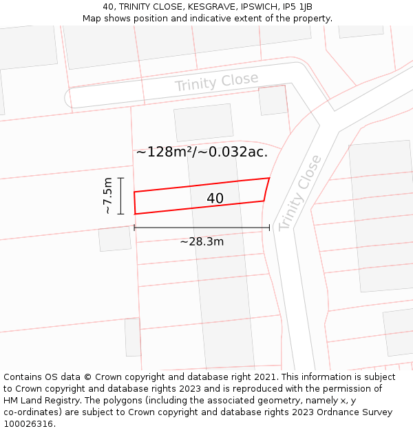 40, TRINITY CLOSE, KESGRAVE, IPSWICH, IP5 1JB: Plot and title map