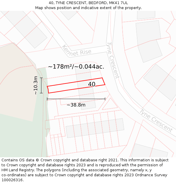 40, TYNE CRESCENT, BEDFORD, MK41 7UL: Plot and title map